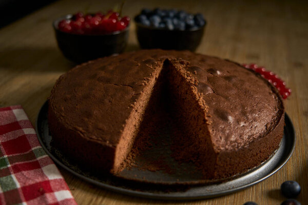 Handmade Chocolate Cake Decorated Cranberries Red Currants Wooden Kitchen Table Stock Picture