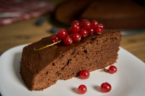 Handmade Chocolate Cake Decorated Cranberries Red Currants Wooden Kitchen Table Royalty Free Stock Photos