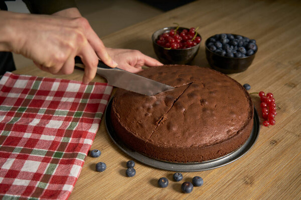 Woman Passion Cooking Decorates Slice Handmade Chocolate Cake Her Home Stock Image