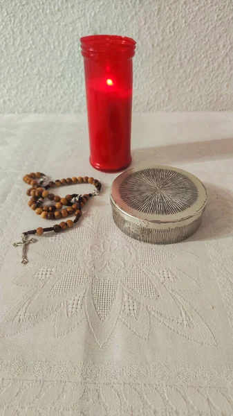 Освітлена Свічка Резервації Святого Тіла Христа Розарій Молитви Концепцією Копіювання — стокове фото