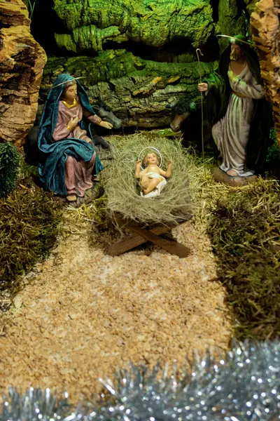 Figury Szopki Szczegółami Narodzin Dziecka Jezus Maria Józef Koncepcja Chrześcijańska — Zdjęcie stockowe