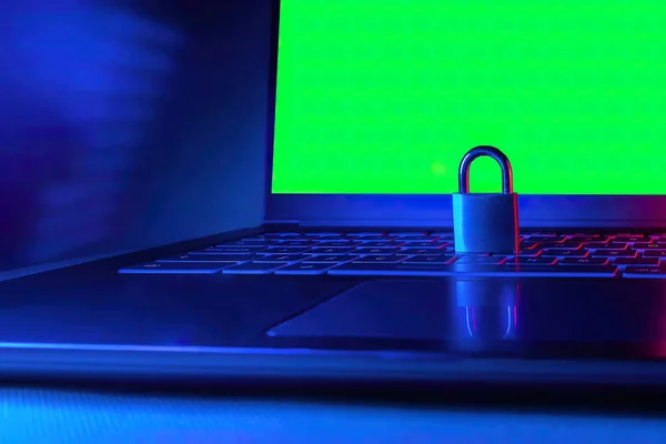 closed padlock indicating security against hakers and system on a computer with chroma background computer security banking concept
