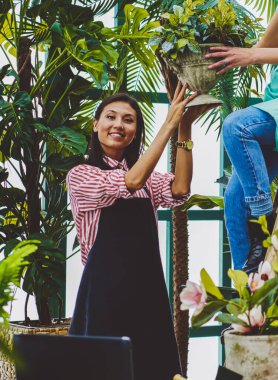 Asyalı başarılı botanikçinin, yeşil konservatuardaki ahşap merdivende oturan ve bitki, girişimcilik ve bahçıvanlık konseptiyle ot veren kadın meslektaşıyla işbirliği yaptığı portresi.