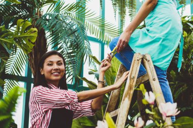 Serada çalışırken iş birliği yapan çok kültürlü meslektaşların portresi, konservatuardaki kadın çiçekçiye makas veren gülümseyen Asyalı ortak.