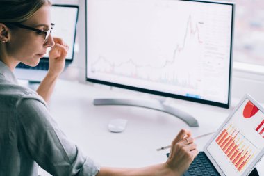 Modern ofisin penceresinin yanında bilgisayar ve tabletle çalışan çağdaş, zeki iş kadınının yan görünüşü