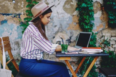 Kafeteryadaki kadın blogcuların online iletişim için dizüstü bilgisayar kullanışlarının yan görüntüsü, internet üzerinden internet erişimi ve uygulaması ile ağ kitabı üzerinde yazan zarif genç kız öğrenci