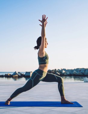 Spor elbiseli, zayıf, genç, atletik bir kadın. Warrior 'ın, gökyüzünün arka planında fitness minderinde poz vermesini sağlıyor.
