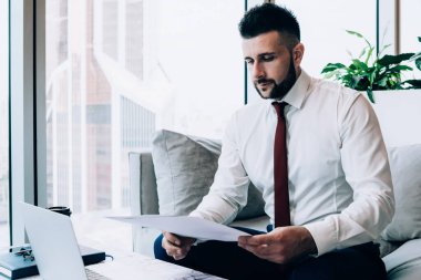 İş planı üzerinde çalışırken ve modern kafede dizüstü bilgisayarla otururken belgelere bakan başarılı genç bir erkek yönetici.