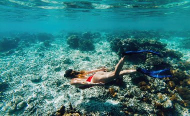 Seyahat eden kız, tropikal okyanuslardan hayranlık duymak için inanılmaz aktif dalış sporu yapıyor. Nefes kesici mercan resifleri, deniz derinliklerini ve su altı yaşamını keşfetmek için yaz tatilleri.