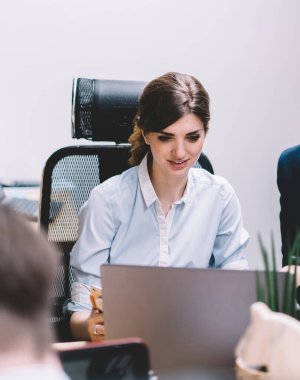 Erkek ve kadın meslektaşları dizüstü bilgisayarda ofiste çalışma süresi boyunca online formatta proje bilgileri üzerinde beyin fırtınası, genç başarılı ortaklar haber okuma ve netbook üzerinde fikir paylaşımı
