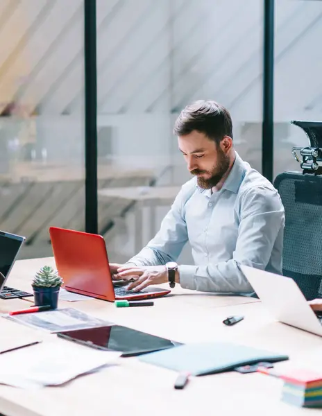 stock image Group of focused serious busy male and female colleagues dressed in official clothes using laptops while working in office at daytime