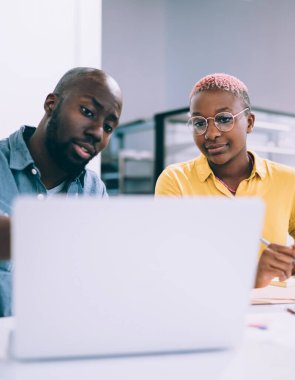 Ciddi Afrika kökenli Amerikalı iş arkadaşları laptopta sörf yapıyor kahve dükkanında arka planda tezgahla oturuyor.