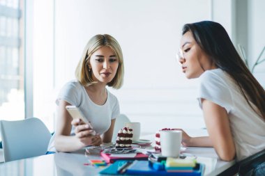 Modern kız arkadaşların masada oturup çaydan zevk almalarını ve projede birlikte çalıştıktan sonra telefona bakmalarını seyretmek.