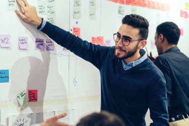 Resmi olarak çok ırklı yöneticiler renkli çıkartmalarla duvar hakkında tartışıyor ve ofiste yaratıcı iş projesinde birlikte çalışıyorlar.