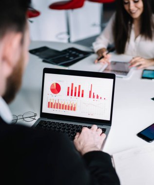 Sakallı, dizüstü bilgisayarlı, diyagramlı ve istatistikli modern bir adamın akıllı telefonun yanında kadınlarla oturduğu ekran görüntüsü.