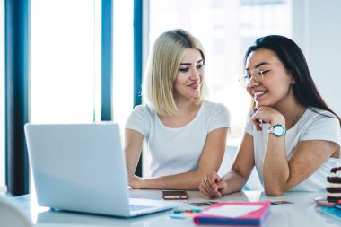 Sıradan giyinmiş, gözlüklü, neşeli, neşeli, iyimser sarışınla sohbet etmek için dizüstü bilgisayar kullanan, fırında oturmuş etkin ve zeki bir kadın.