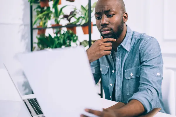 Focused serious African American male in casual clothes rubbing chin working with documents and surfing on laptop sitting at table in creative studio with flowers in pots in background