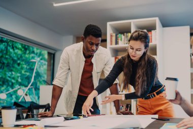 Konsantre olmuş, çok ırklı iş arkadaşları gündelik giysiler içinde ofiste bir fincan kahve dökümanları klasörüyle masa başında evrak işleriyle uğraşıyorlar.