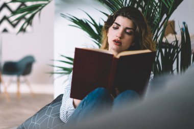 Modern apartman dairesinde ilginç ders kitapları okuyan konsantre genç bir kadın. Düşünceli hippi kız kendi evinde kanepede uzanmış kitaptan bilgi öğreniyor.