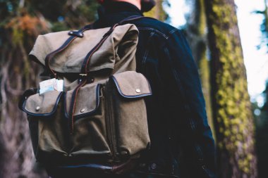 Aktif giyinmiş erkek gezginlerin arka planı yukarı bakıyor ve dağlardaki yeşil ormanın vahşiliğine hayranlık duyuyor, turistlerin doğa ortamında gezinme arzusundan keyif almalarını sağlıyor.