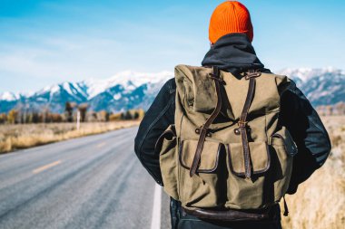 Yürüyüş turunda vahşi doğayı keşfederken ileri doğru gezen bir adam yolda duran ve güzel manzarası olan milli parkı keşfetmek için zaman harcayan genç bir erkek gezginin arka görüntüsü.