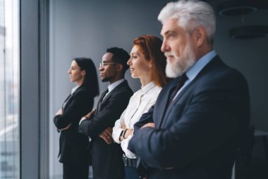 Gri duvarları pencerenin yanında yan yana duran, resmi giyinmiş, havalı ofislerdeki çok ırklı meslektaşların yan görünüşü