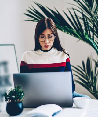 Modern dizüstü bilgisayarla çalışırken e-postaları kontrol eden genç bir kadın rahat bir dairede internet bağlantısı kullanıyor, hipster kız internet sitelerinde insanlarla tanışmak için sohbet ediyor.