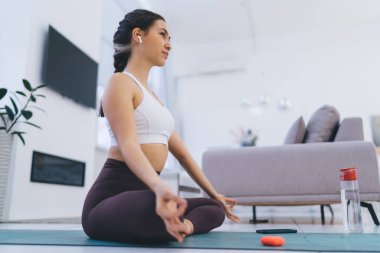 Kulaklık takan, akıllı telefondan müzik dinleyen ve Chin Mudra 'da mindere oturup Padmasana yogası yaparken yüzünü çeviren, düşük açılı genç bir kadın.