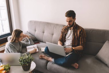 Rahat bir oturma odasında oturmuş laptoplarını karıştıran ve evde uzaktan birlikte çalışırken not alan genç bir çift.