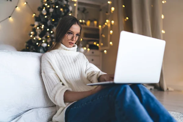 Concentrated Young Female Freelancer Warm Sweater Eyewear Sitting Christmas Tree — Stock Photo, Image