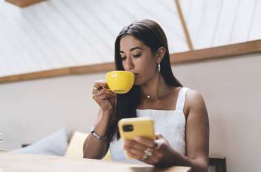 Masada oturmuş çay içerken ve kafede çalışırken akıllı telefon ekranına bakan şık giyimli serbest çalışan kadın.