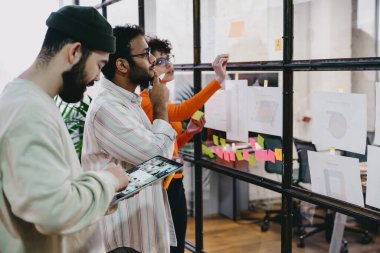 Ofisteki modern yaratıcı iş yerindeki beyin fırtınası sırasında cam duvarda renkli çıkartmalarla tablet kullanırken genç iş arkadaşlarının yan görüntüsü