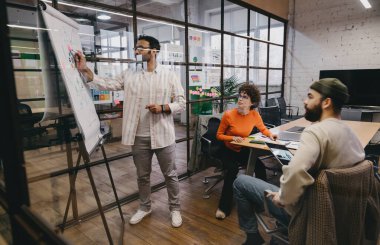 Kağıt kapaklı tahtada duran ve grafiği analiz eden genç mimarın cam manzarası vasıtasıyla masada dizüstü bilgisayarla oturan sıradan giysili meslektaşlarına proje sunarken...