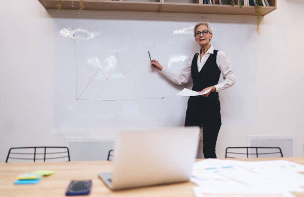 Elderly female entrepreneur standing near wall with reports and looking at camera while presenting company strategy plans with pen at the markings on paper in meeting room at office