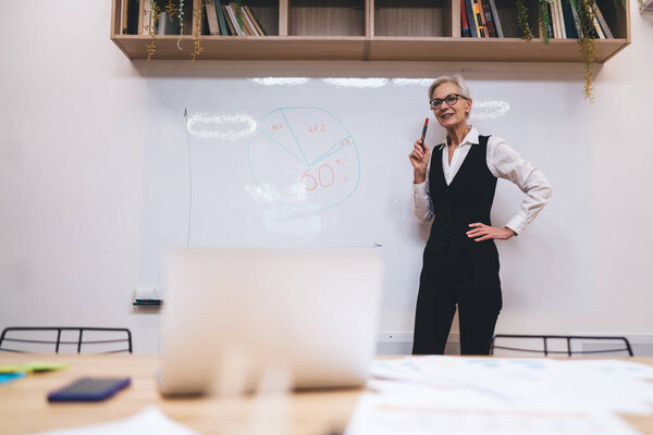 Low angle of elderly woman in black suit and glasses standing with hand on hip while showing statistic working productively in office
