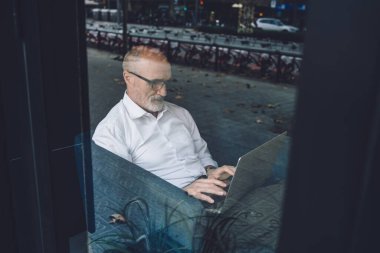 Rahat kafenin penceresinin yanındaki mavi sandalyede otururken bilgi arayan serbest çalışan bilgisayarın yan görüntüsü