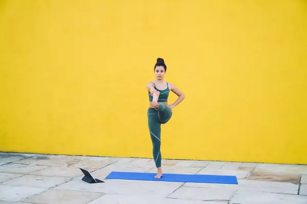 Fit sporty concentrated adult female in sports outfit standing in hand to toe posture on yoga mat and meditating near tablet outdoors