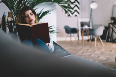 İlgi çekici genç bir kadın elinde edebiyat kitabı, evinde dinleniyor hippi kız gerilim hikayesiyle en çok satan kitapları okuyor lüks bir dairede lüks bir dairede, rahat bir kanepede uzanıyor.
