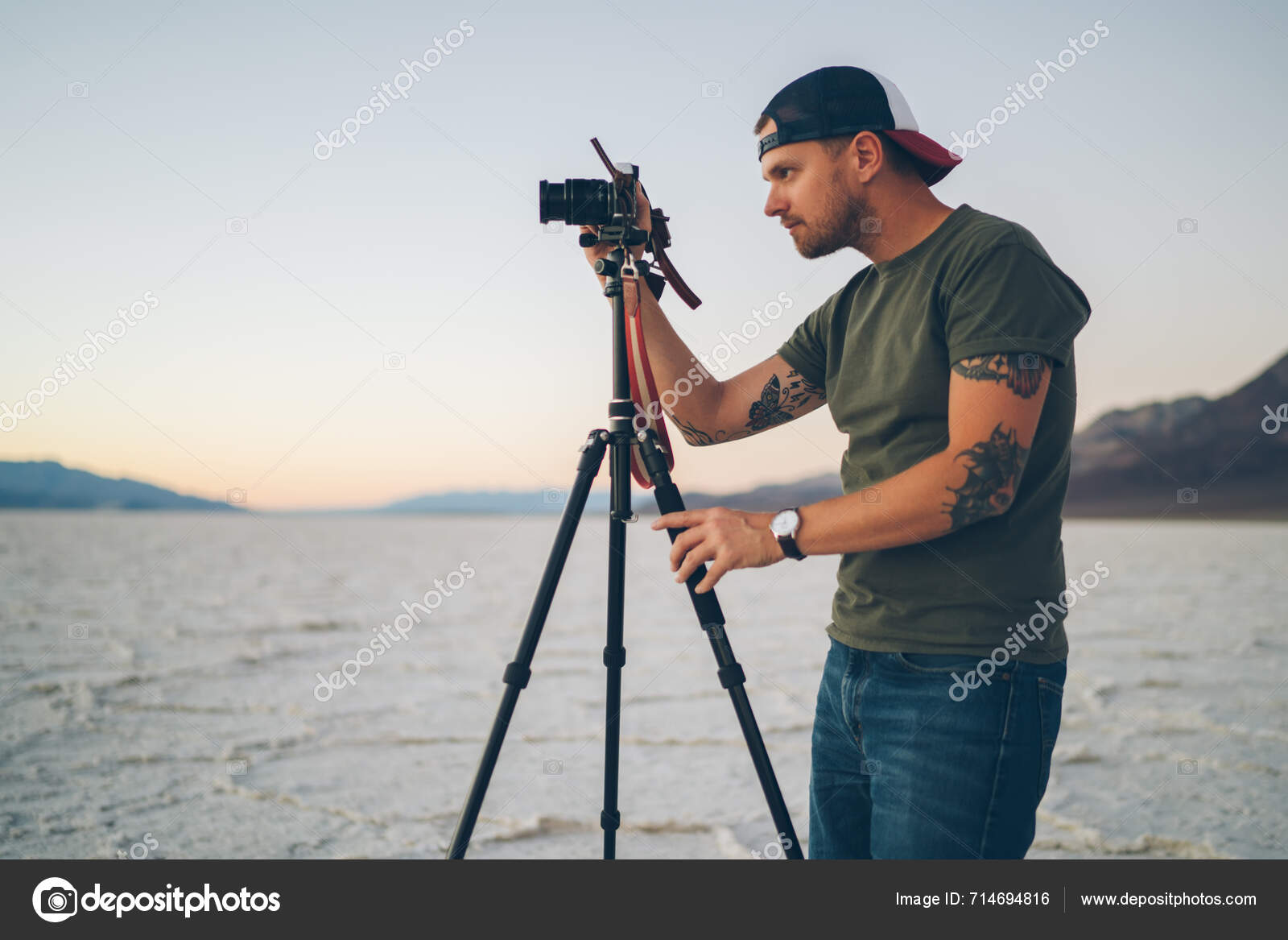 Side View Male Photographer Taking Picture Magnificent Landscape Dry