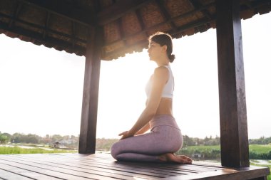 Spor giyim sektöründe sakin bir kadının sabah güneşini Endonezya 'daki hatha yoga pratiği sırasında meditasyon için harcadığı beyaz kadın Vietnam' da uyum içinde inzivaya çekilirken bütünsel iyileşmenin keyfini çıkarıyor.