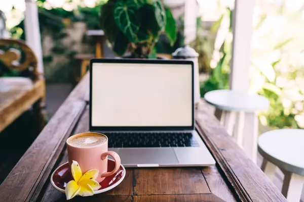 stock image Selective focus on cup of aroma cappuccino with flower standing at cafe table near blurred laptop with copy space area for your coffee advertising,blank screen on digital netbook and caffeine beverage