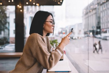 Kafedeki akıllı telefondan yazı yazan Asyalı bir kızın yan görüntüsü. Pencere kenarında duran gözlüklü genç ve ciddi bir milenyum kadını. Dinlenme, boş zaman ve boş zaman. Modern kadın yaşam tarzı