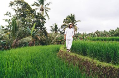 Vietnam 'da pirinç tarlalarında gezinen Balili bir erkek tatil boyunca yaz yolculuğunun keyfini çıkarıyor, şapkalı yetişkin bir çiftçi tarım işi için çeltik tarlasını ziyaret ediyor.