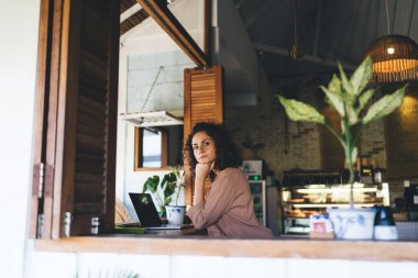 Modern dizüstü bilgisayarı olan yetenekli bir kadın programcının portresi uzaktan kumandalı kafe terasında çalışırken kameraya bakıyor, dijital netbook 'u olan bin yıllık kadın serbest çalışma sırasında poz veriyor.