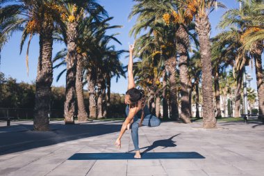 Sakin genç bir kadın sabah antrenmanında palmiye ağaçlarıyla uyum ve rahatlığın keyfini çıkarıyor. Yoga egzersizleri sırasında asana dengesi kuran formda bir kız.