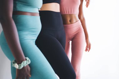 Spor salonundaki spor fotoğrafçılığı sırasında birlikte poz veren modaya uygun formda kızlar. Hedeflere ulaşmak için takım çalışması kavramı. Seksi vücutlu melez kadınlar.