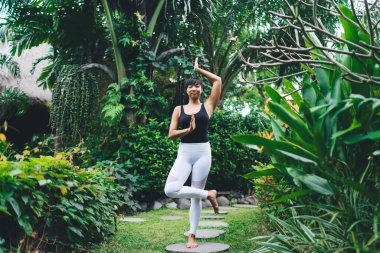 Ağaçta yoga yapan Asyalı kızın dış görünüşü. Sağlıklı yaşam tarzı kavramı. Spor kıyafetleri giyen ve çıplak ayakla tropik bahçede kameraya bakan genç bir kadın. Bali adası