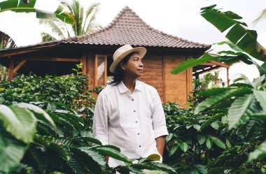 Endonezya 'daki kafein tarlalarını ziyaret ederken kahve işini düşünen düşünceli bir erkek sahibi, yetişkin girişimci Bali' de çiftçilik ve fidanlık sırasında mevsim büyümesi üzerine kafa yoruyor.
