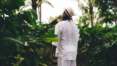 Tanımlanamayan erkek çiftçinin tarımı ziyaret etmek için gün boyu kahve tarlasını ziyaret etmesi. Endonezya 'da kafein tohumu yakınında dikilen sıradan giyimli bir adam.