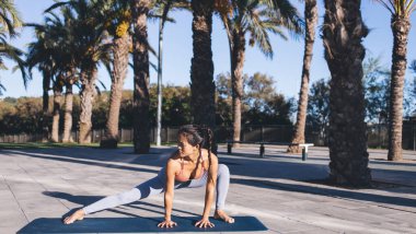 Asyalı kadın yogi, sokakta palmiye ağaçlarıyla yapılan aerobik derslerinde fiziksel dinlenme pratiği yapıyor. Konsantre bir kadın Asana 'yı esnetirken spor antrenmanı sırasında mindere ısınıyor.